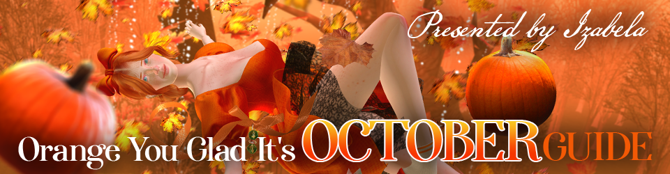 orange shopping guide promo image, image of a izabela an IMVU avatar in an orange background with pumpkins and wearing an orange outfit