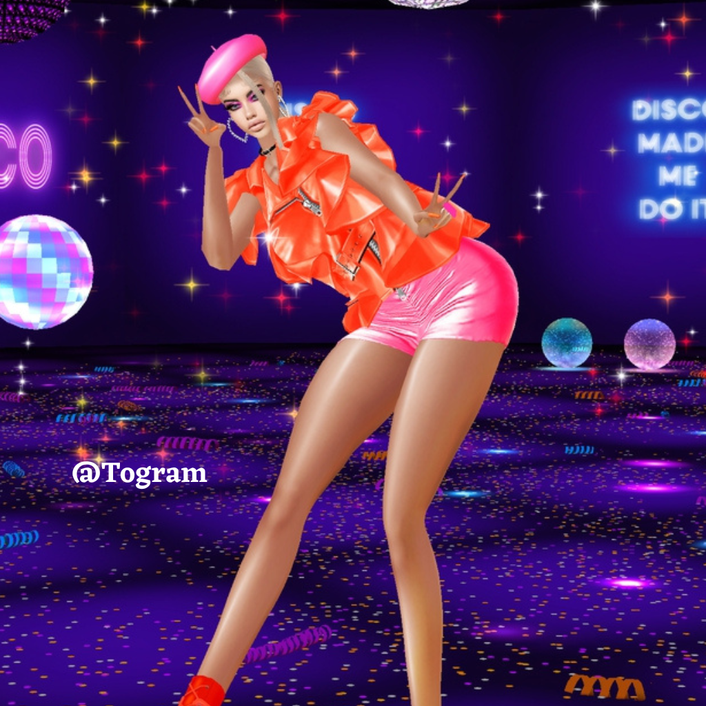 Female avatar wearing a pink skirt and orange top