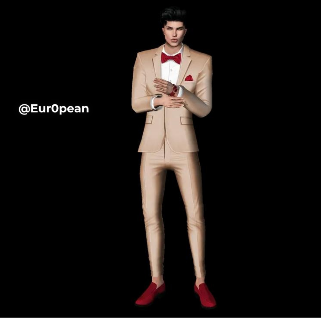 Male avatar wearing a suit with red shoes